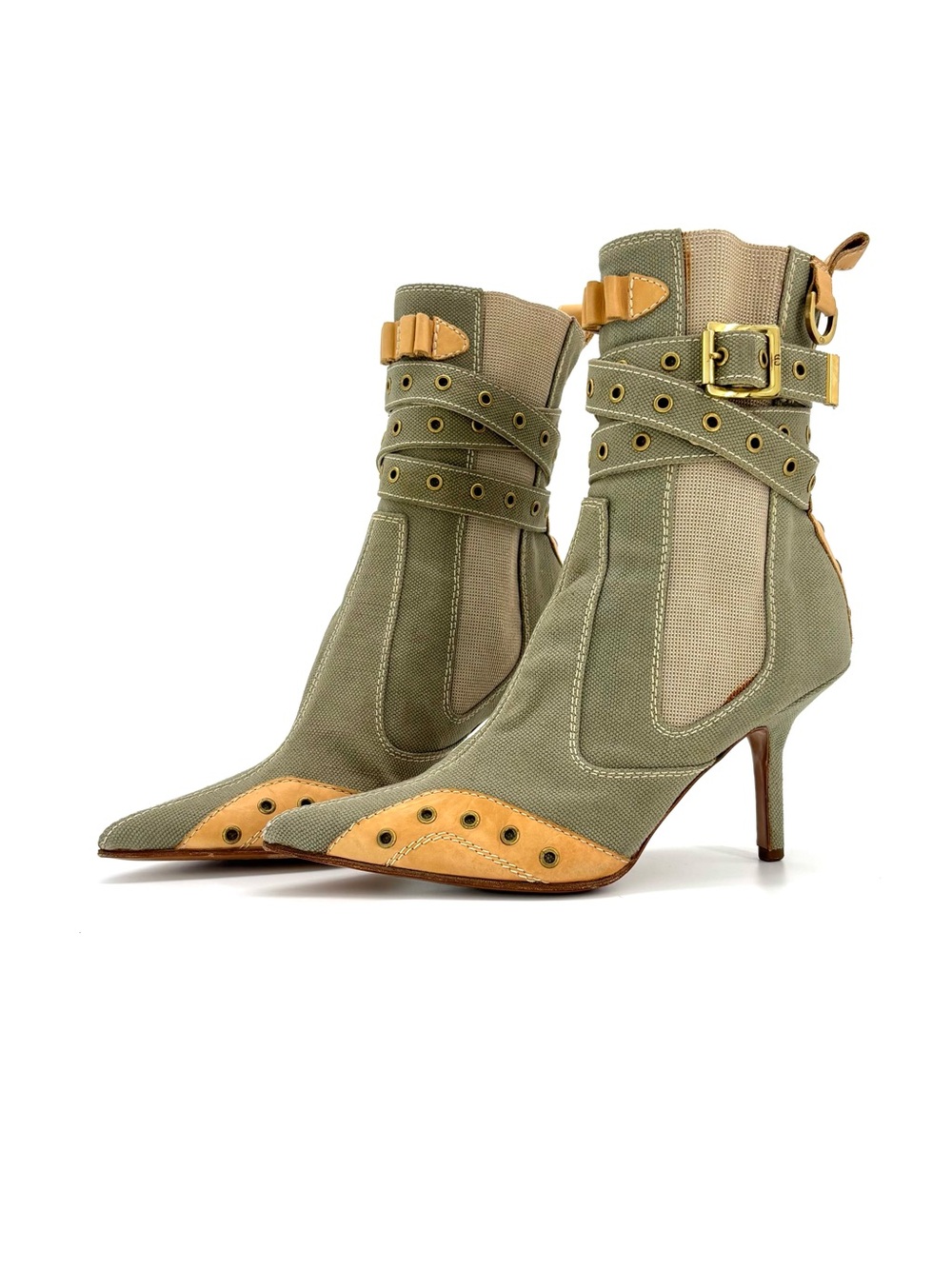 Dior Vintage John Galliano Bondage Green Canvas Pointed Toe Chelsea Boots 36.5